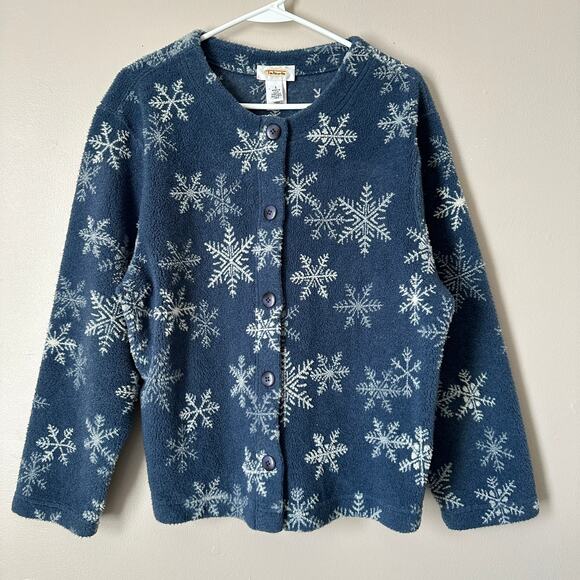 Talbots Vintage 90s Snowflake Fleece Cardigan Sweater Jacket Button Up Grandma - Picture 1 of 8